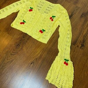 🎀🍒 Yellow Crochet Knit Cherry Embroidery Cardigan w/ Flare Bell Sleeves 🍒🎀 NWT